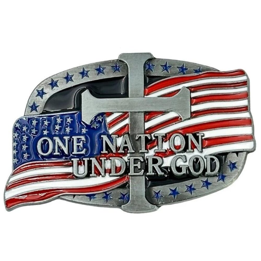 USA Flag and Cross "One Nation Under God Design" Belt Buckle NWT